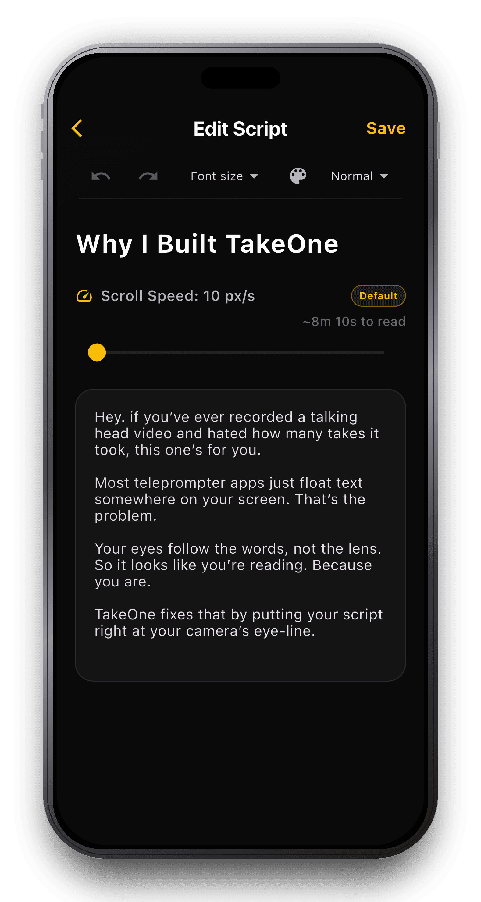 TakeOne script editor for drafting pitch talking points
